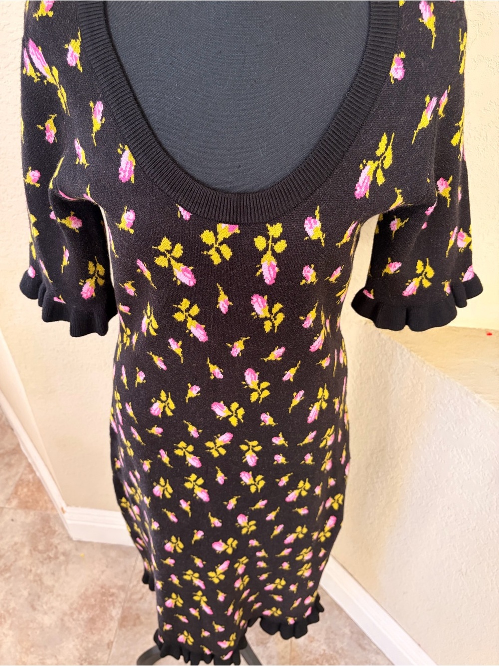Betsey Johnson Black Knit Dress with Pink Roses and Yellow Leaves